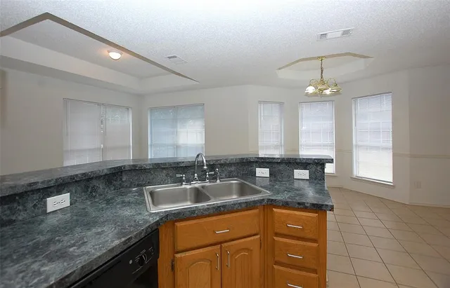 a kitchen with granite countertop a sink a counter space and cabinets
