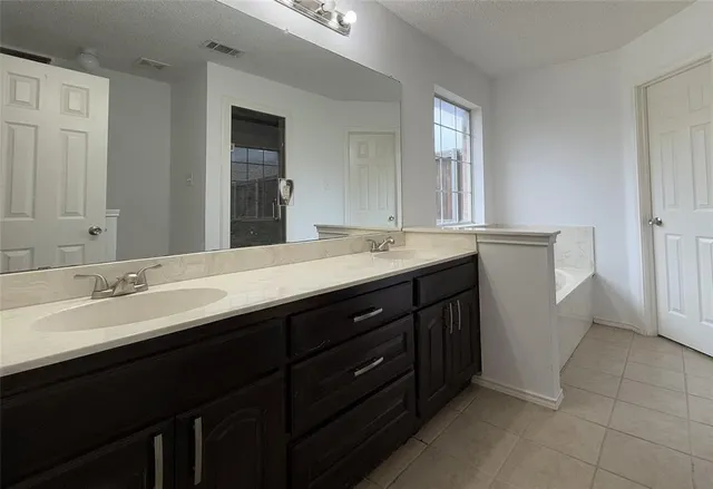 a bathroom with a double vanity sink and mirror