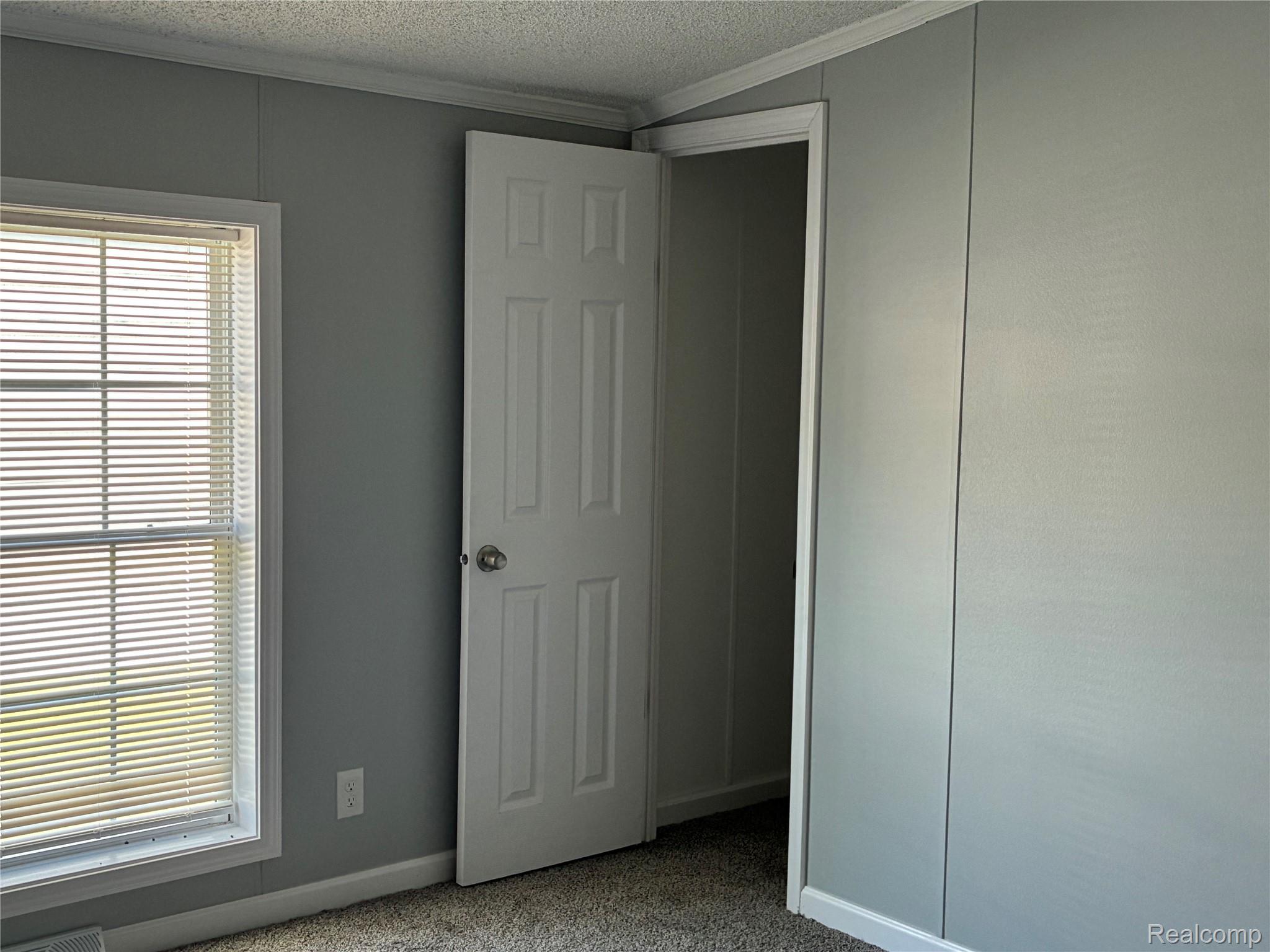 420 Hidden Ridge Road Morrice, MI 48857 - Photo 9 of 16 Unfurnished bedroom featuring light colored carpet, ornamental molding, and a textured ceiling