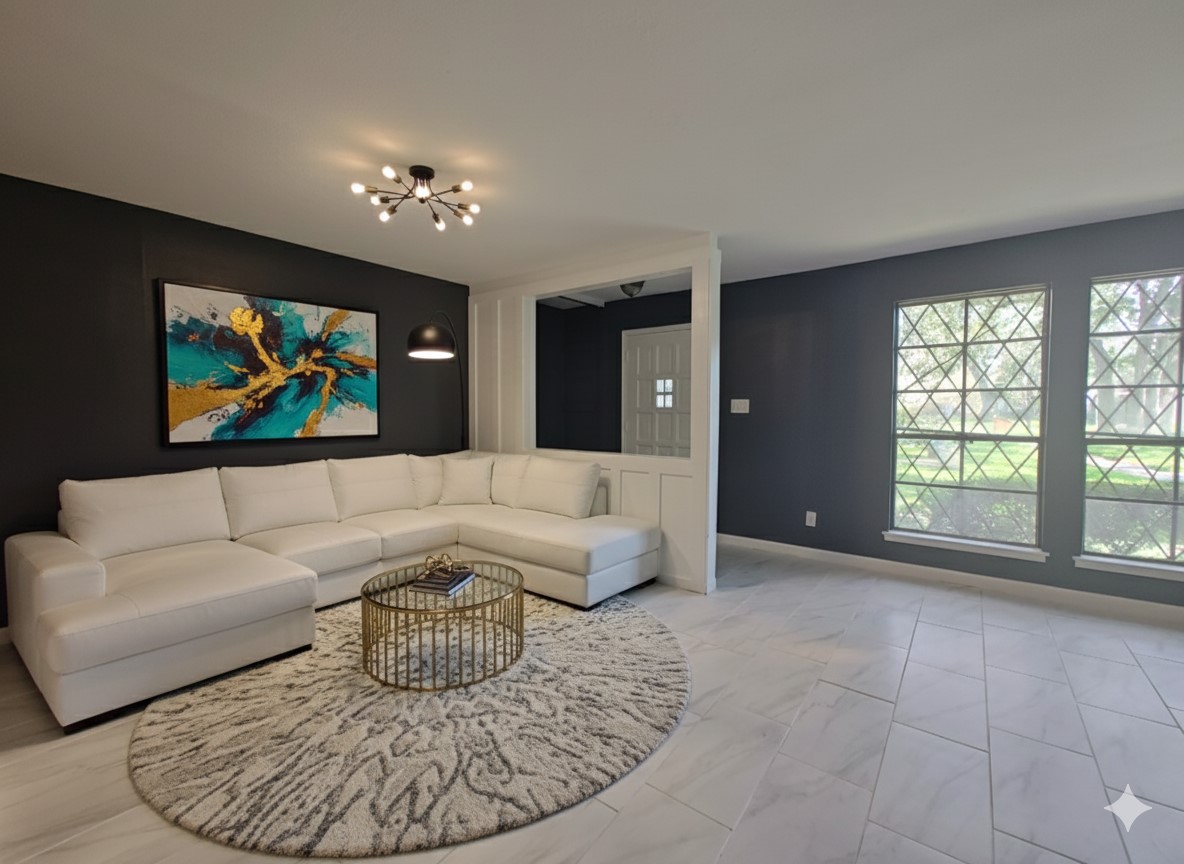 a living room with furniture a floor to ceiling window and a flat screen tv