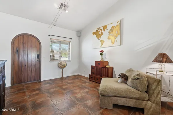 a view of a dining room with furniture