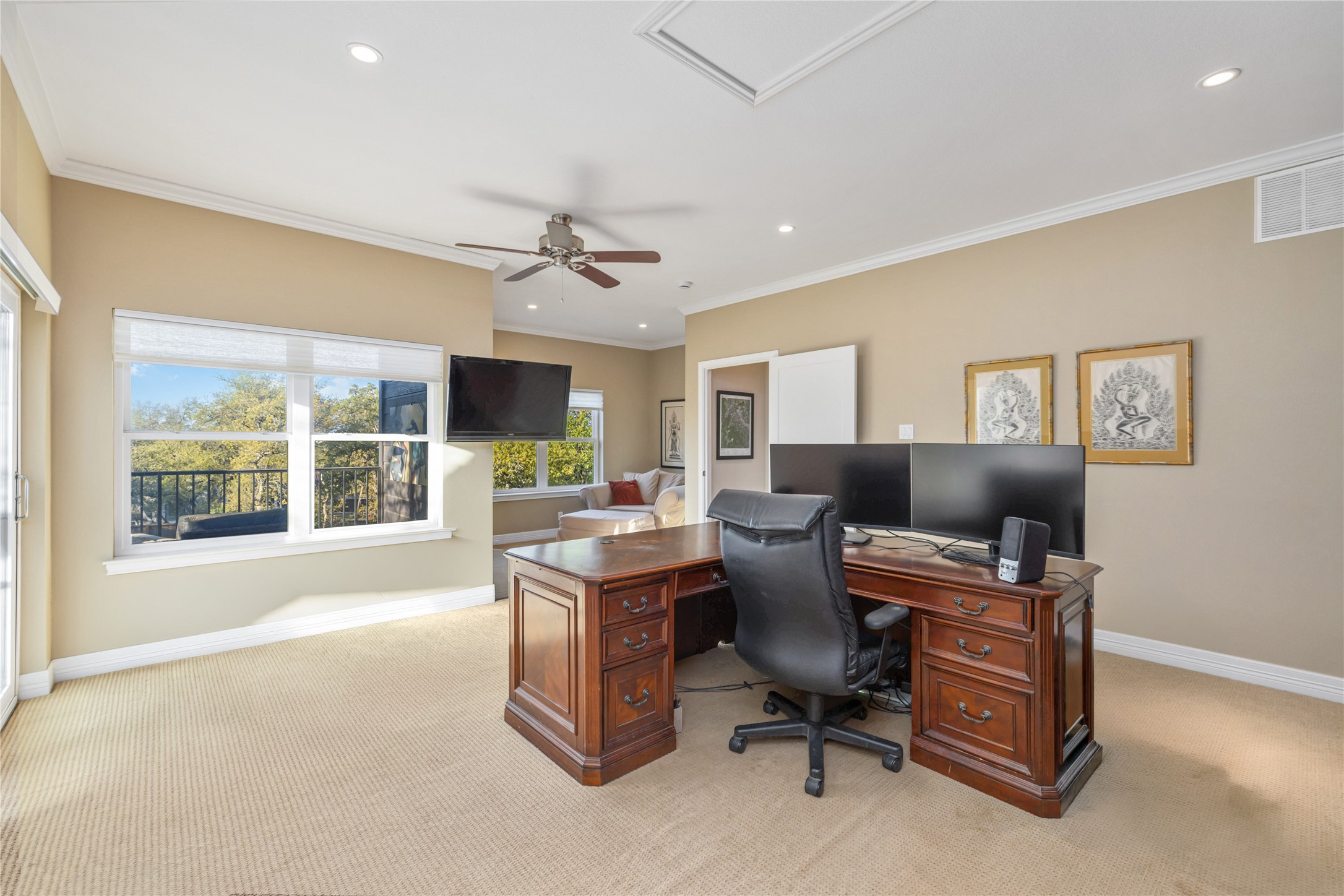 10903 Cade Circle Austin, TX 78726 - Photo 7 of 40 Office with ceiling fan, light carpet, recessed lighting, and ornamental molding