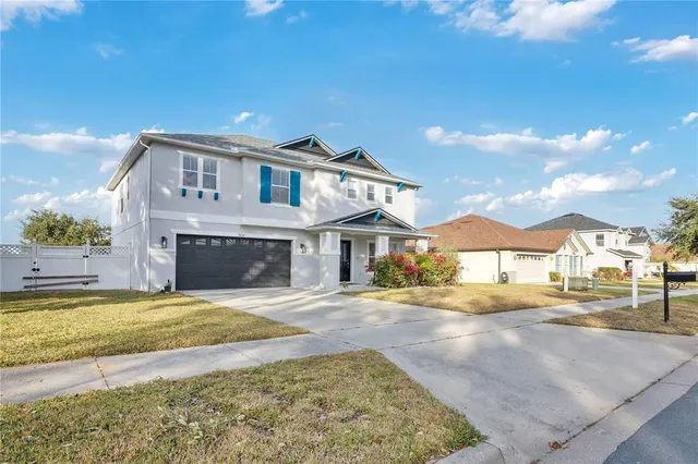 a view of a house with a swimming pool and a yard