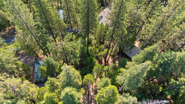 an aerial view of residential house with outdoor space and trees all around