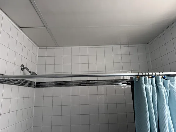 a bathroom with a shower and a sink