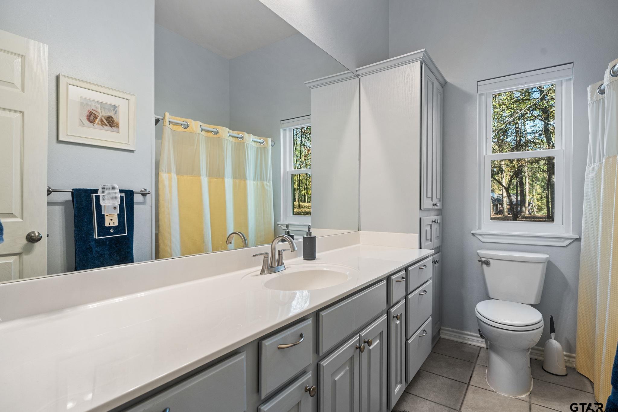 14417 East Ridge Road Arp, TX 75750 - Photo 27 of 47 a bathroom with a sink a toilet and a large mirror