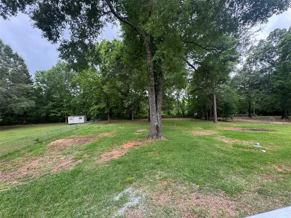 a view of a park with trees in the background