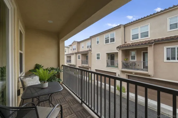a porch with seating space