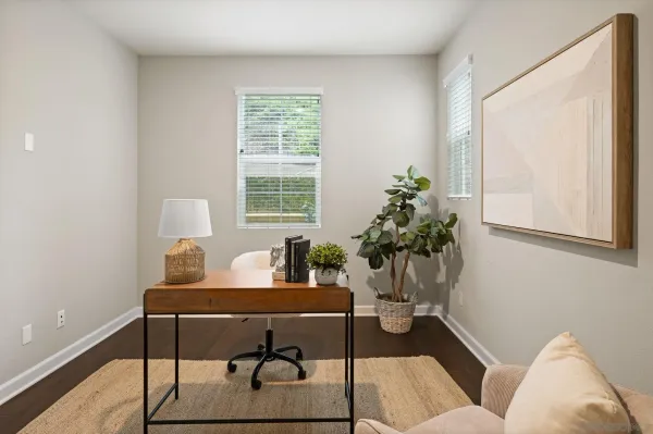 a living room with furniture and a potted plant