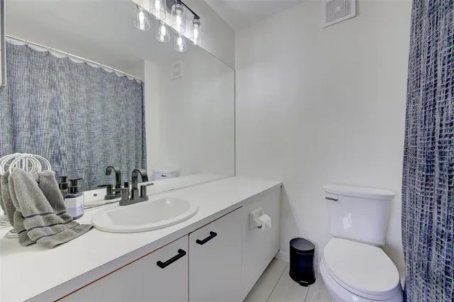 a bathroom with a sink a toilet a mirror and shower curtain