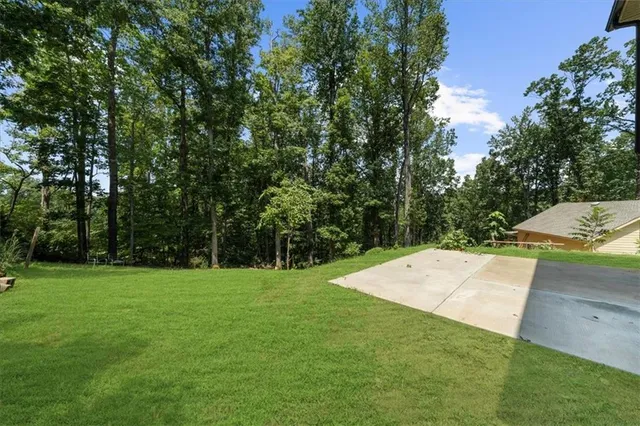 a view of a field with trees in the background