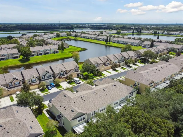 an aerial view of a house with a garden