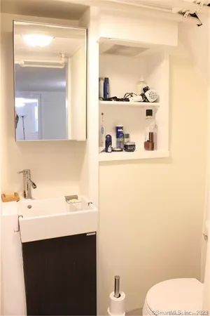 a bathroom with a sink mirror and toilet