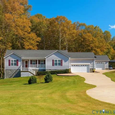 a view of a house with a big yard and large trees