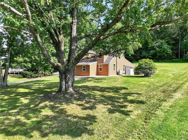 a view of a house with a big yard potted plants and large tree