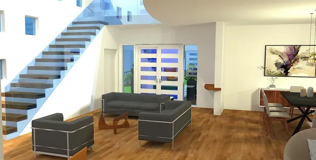 a living room with furniture and wooden floor