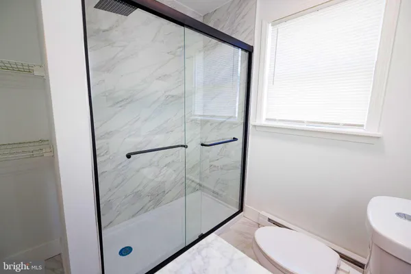 a bathroom with a shower and toilet