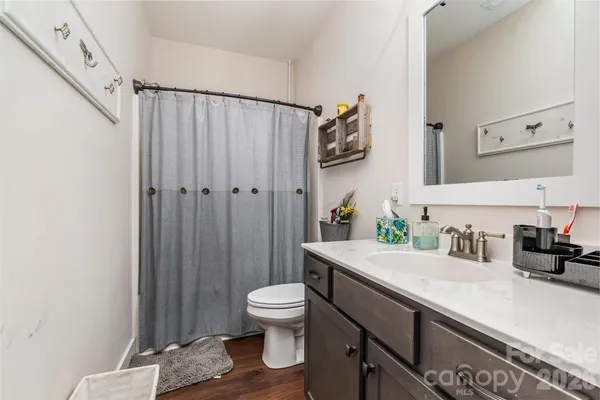 a bathroom with a sink a toilet and shower curtain