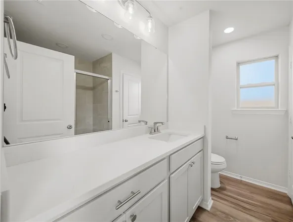 a bathroom with a sink a toilet and a shower