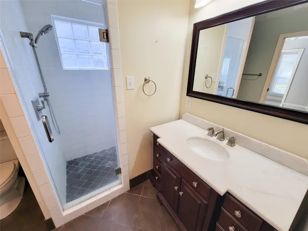 a bathroom with a sink a mirror a vanity and a shower