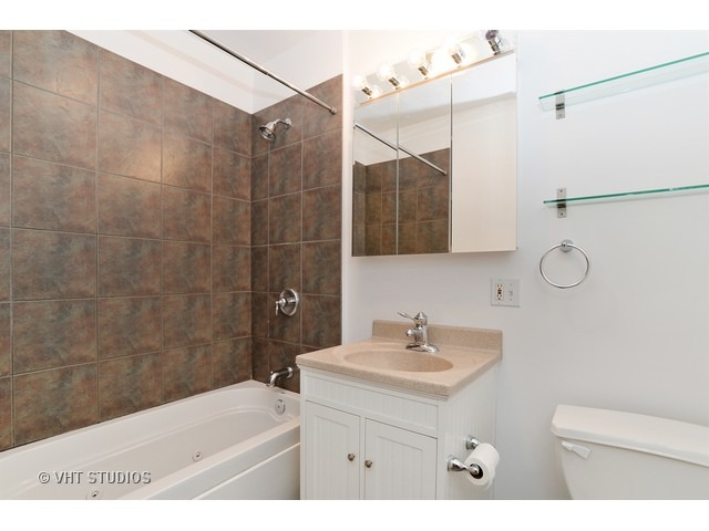 4105 North Sheridan Road, Unit 3N Chicago, IL 60613 - Photo 6 of 10 a bathroom with a sink a toilet a shower and a mirror