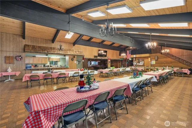 a view of a dining room with furniture