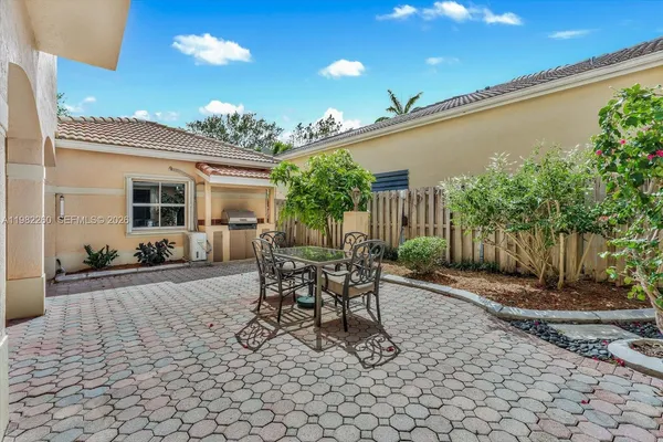 a view of a backyard with plants and large tree