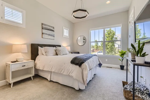 a bedroom with a bed potted plant and a window