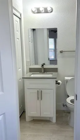 a bathroom with a sink a toilet and a mirror