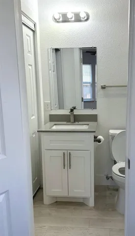 a bathroom with a sink a toilet and a mirror