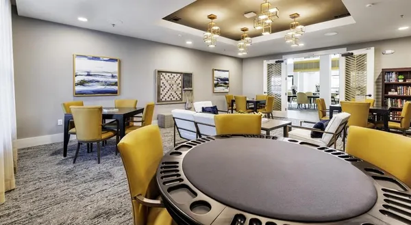 a living room with furniture potted plant and a chandelier