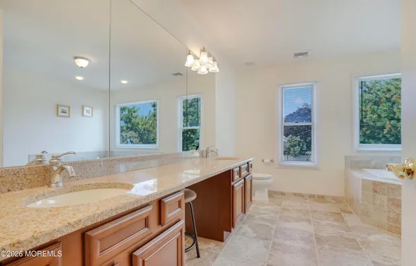 a bathroom with a granite countertop sink a bathtub and next to a window