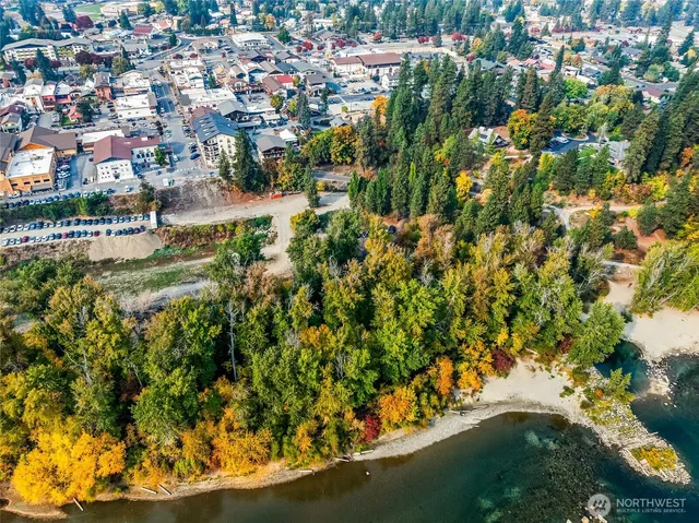 an aerial view of residential houses with outdoor space and trees