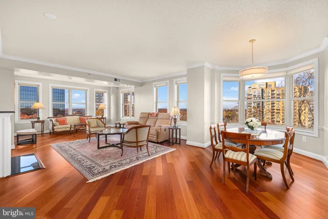 a living room with furniture a rug and a chandelier