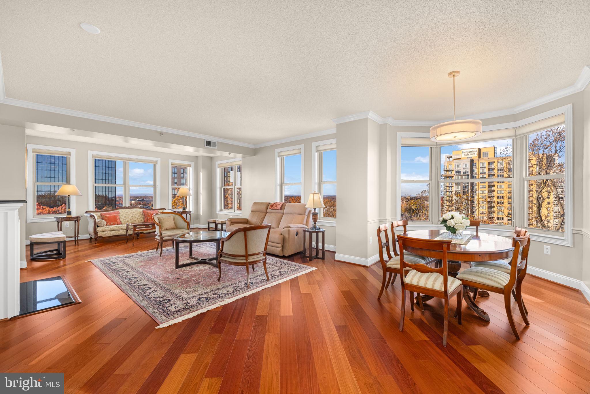 a living room with furniture a rug and a chandelier