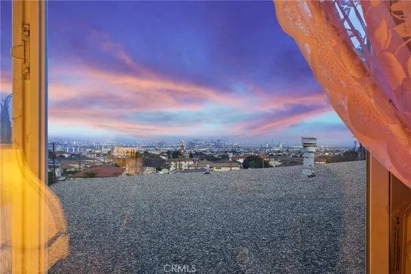 a view of a patio with two chairs and a potted plant