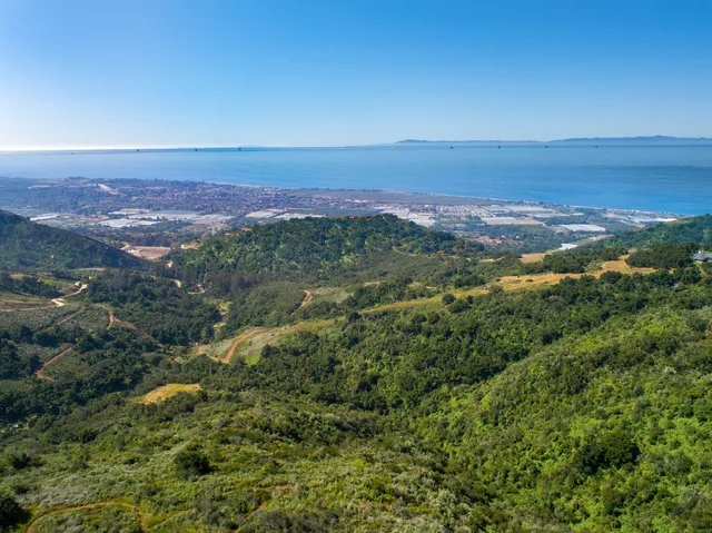 an aerial view of residential houses with outdoor space and trees
