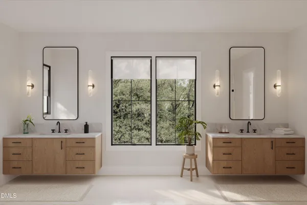a bathroom with a double vanity sink a mirror and a bathtub