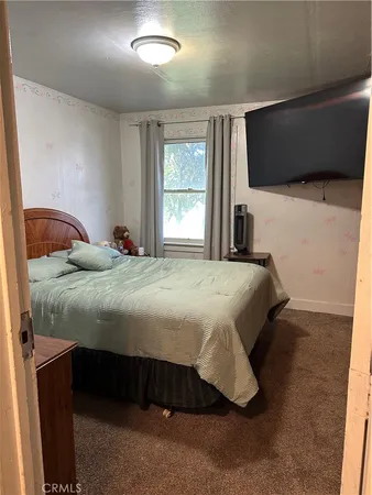 a bedroom with a bed tv and window