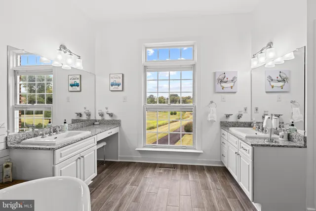 an aerial view of a residential houses with outdoor space and trees