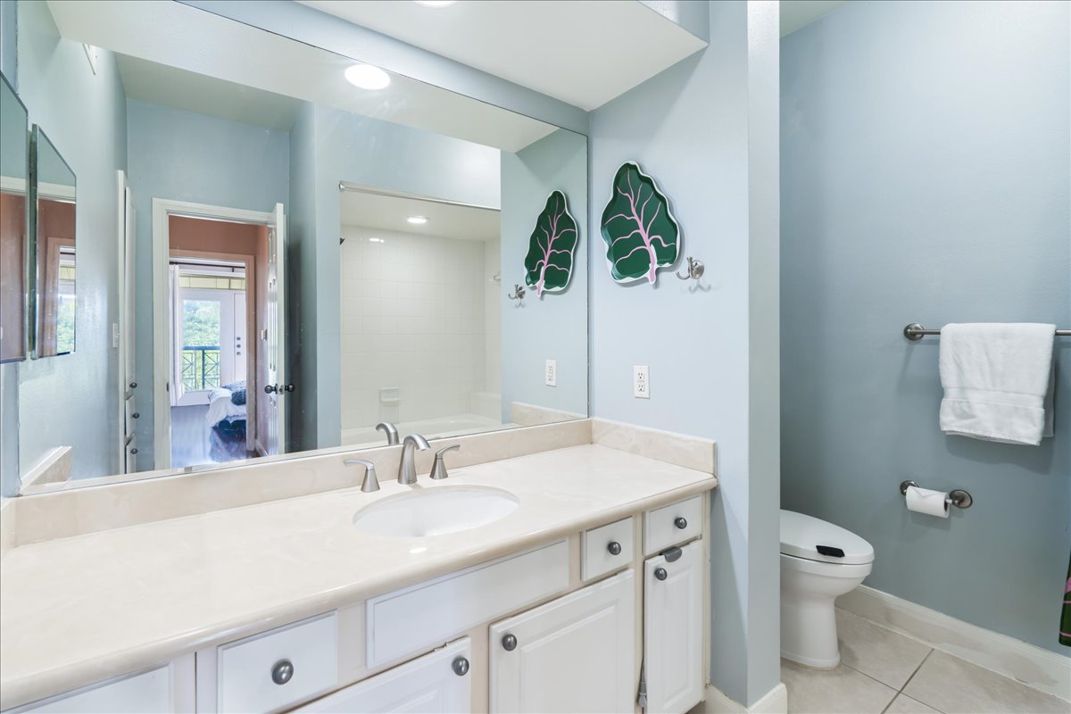 7701 Rialto Boulevard, Unit 91 Austin, TX 78735 - Photo 18 of 39 a bathroom with a granite countertop sink a toilet and mirror