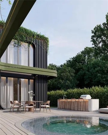 a view of swimming pool with deck and plants