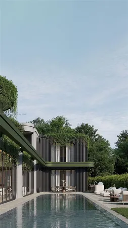 a house view with swimming pool and sitting space