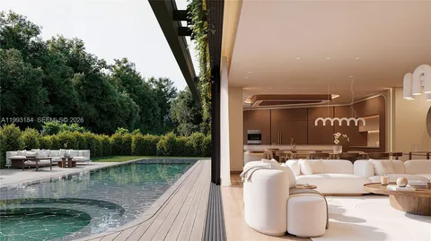 a view of swimming pool with a patio and couches and chairs