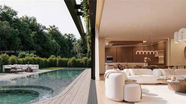 a view of swimming pool with a patio and couches and chairs