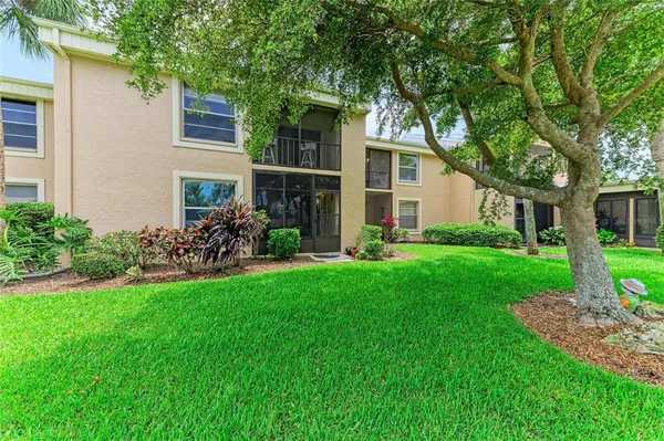 a view of a swimming pool with a garden