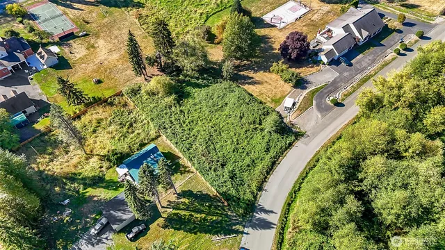 an aerial view of residential house with swimming pool
