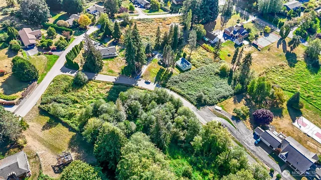 an aerial view of residential houses with outdoor space and trees