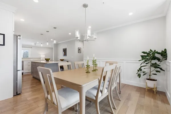 a dining room with furniture potted plants and wooden floor