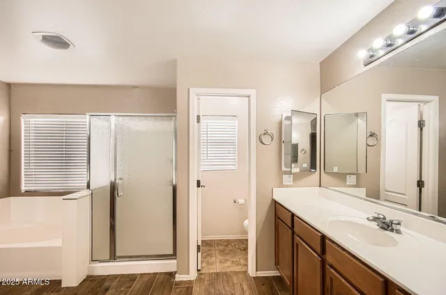 a bathroom with a double vanity sink a mirror and a shower